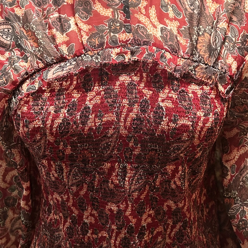Red Paisley Smocked Long-Sleeve Women's Top - Picture 2 of 4